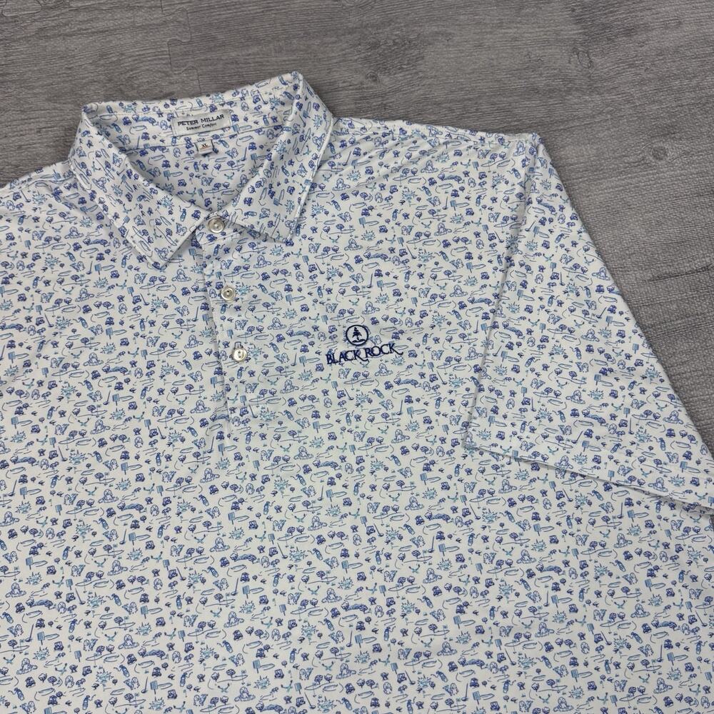 BLACK ROCK x Peter Millar Summer Comfort Polo Shirt Mens XL White Blue AOP Golf